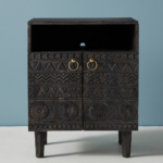 Mango Wood Handcarved Bedside Table 2 Door – Black Finish Wooden Nightstand
