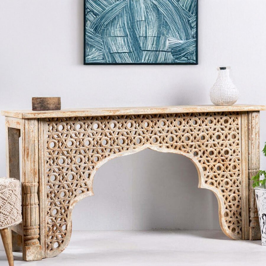 Mango Wood Hand Carved Console Table – Natural Finish Solid Wood Entryway Table