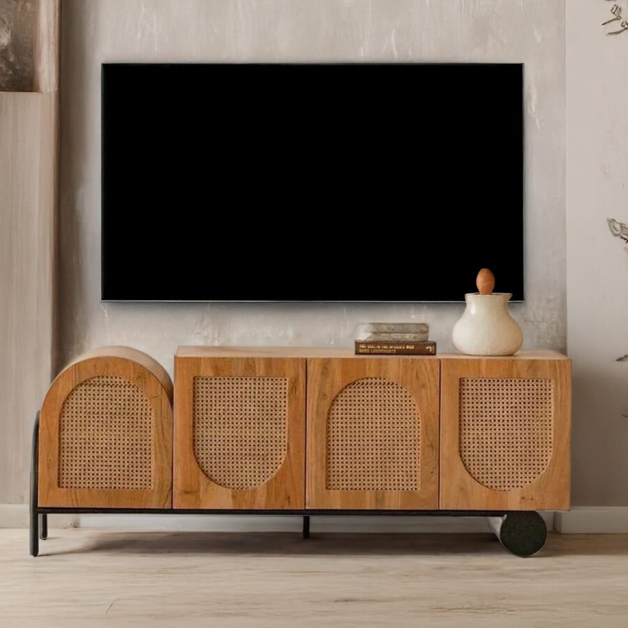 Acacia Wood Rattan TV Unit – Natural Finish Solid Wood Entertainment Console
