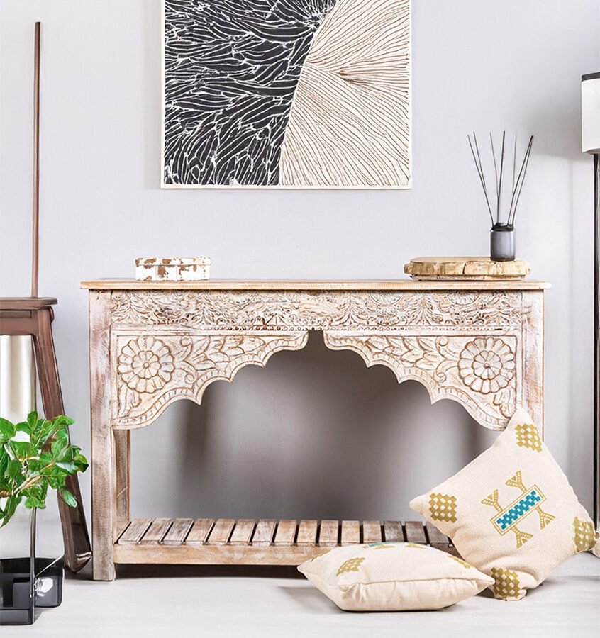 Mango Wood Hand Carved Console Table with Open Shelf – White Distress Finish Entryway Table