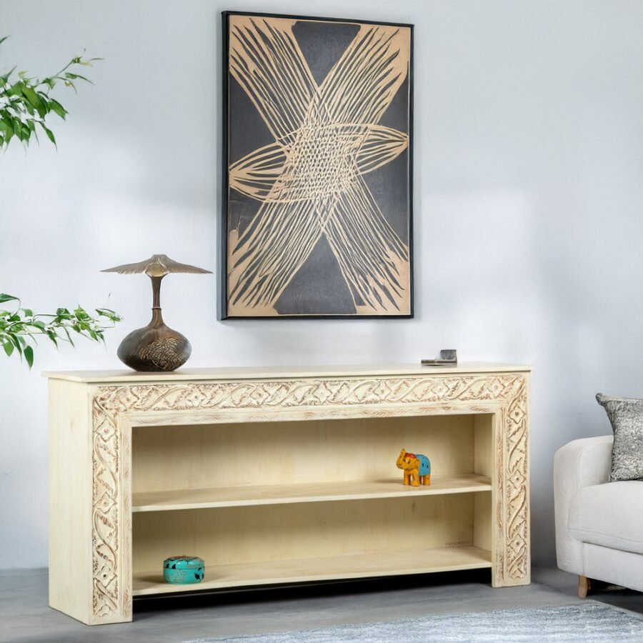 Solid Wood Hand Carved Console Table - 2 Open Shelf Off White
