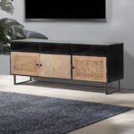 Solid Wood Rattan TV Unit – Open Shelf Black Finish Console - Image 7