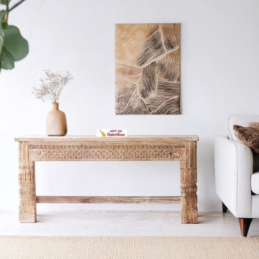 Mango Wood Hand Carved Table – Natural Finish Solid Wood Accent Table