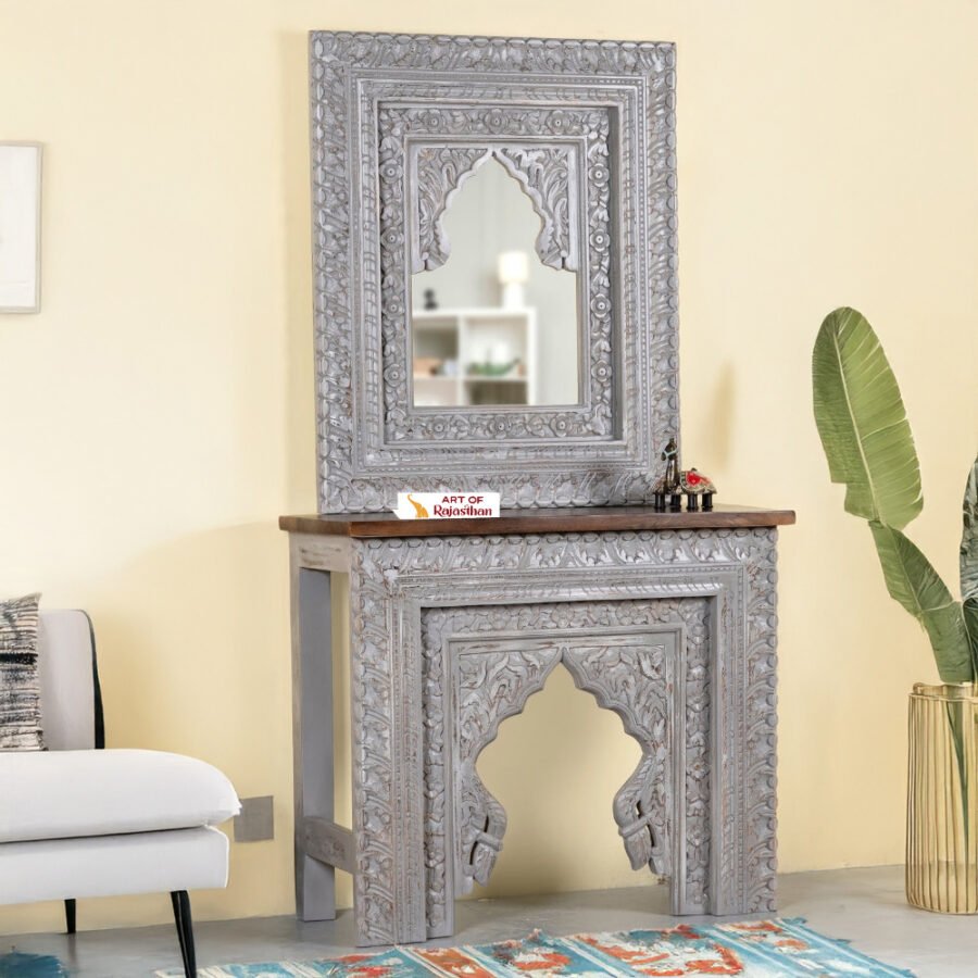 Mango Wood Hand Carved Console Table with Mirror – Grey Finish Foyer Entryway Set
