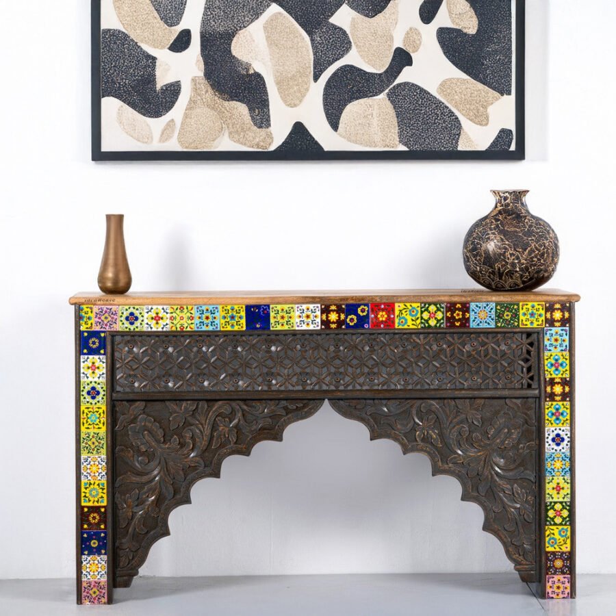 Mango Wood Hand Carved Console Table – Tiles Design Solid Wood Entryway Table