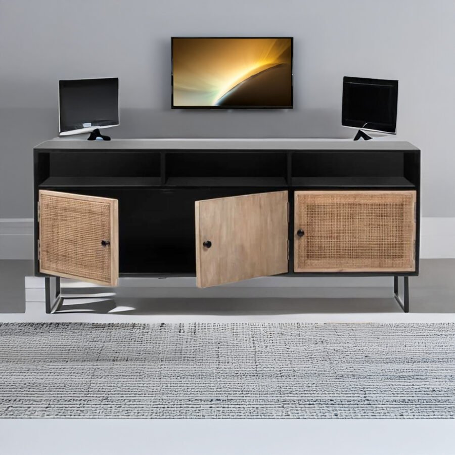 Solid Wood Rattan TV Unit – Open Shelf Black Finish Console