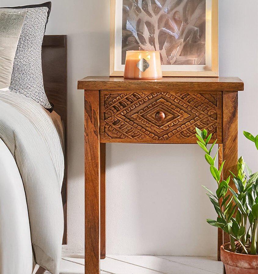 Mango Wood Hand Carved Bedside Table 1 Drawer – Natural Finish Nightstand