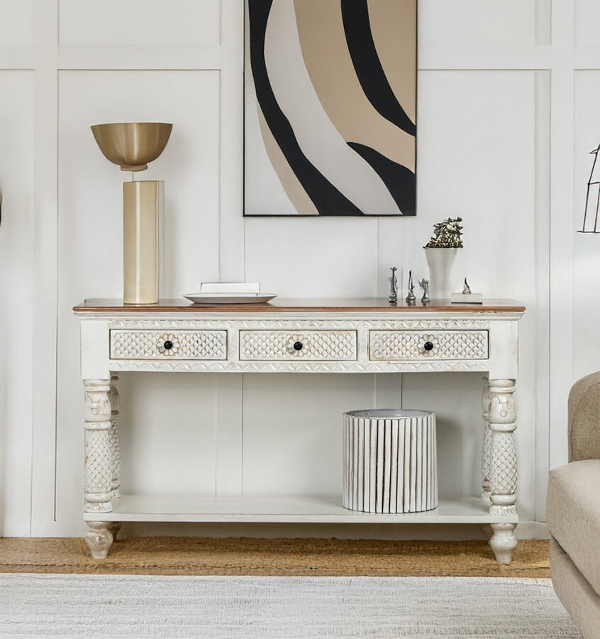 Sheesham Wood Hand Carved Console Table – White Finish Entryway Table