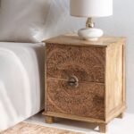 Mango Wood Hand Carved Bedside Table – Natural Finish Solid Wood Nightstand