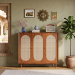 Acacia Wood Cane Cabinet 3 Door – Honey Finish