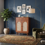 Acacia Wood Cane Cabinet 1 Door & 2 Drawers – Honey Finish
