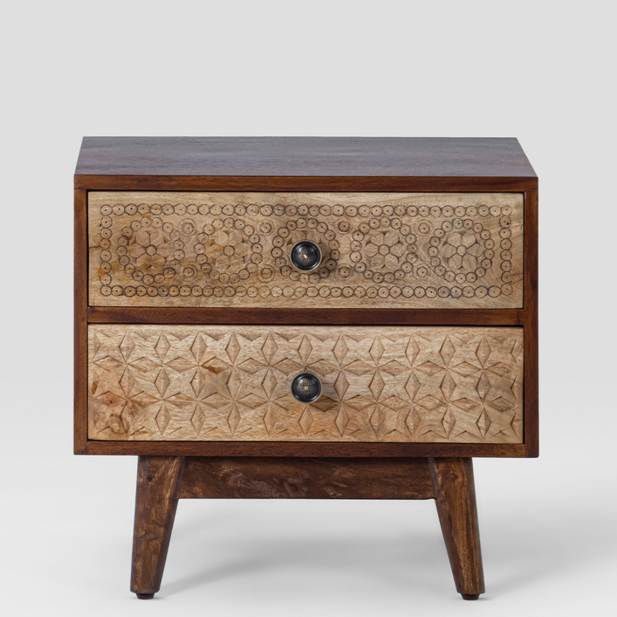 Mango Wood Hand Carved Bedside Table 2 Drawers - Natural Finish