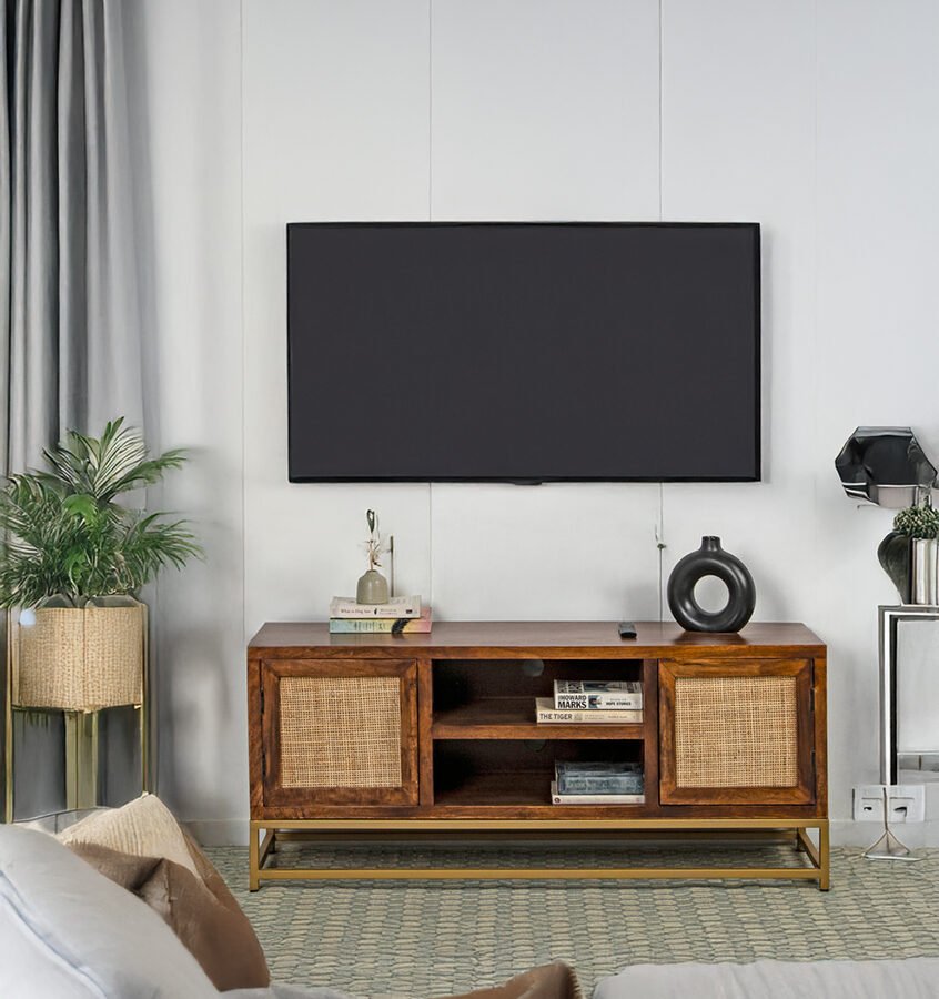 Mango Wood Cane TV Unit with Open Shelf – Honey Finish | Handcrafted Modern Media Console