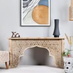 Mango Wood Hand Carved Console Table with Open Shelf – White Distress Finish Entryway Table