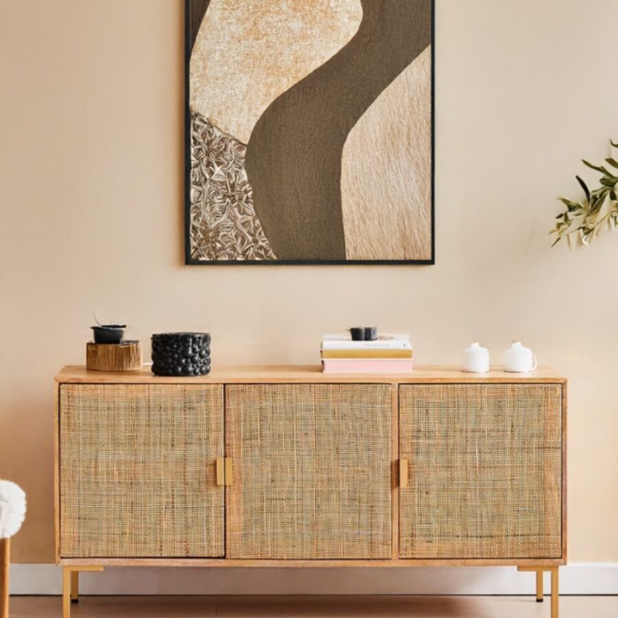Mango Wood Rattan Sideboard – Natural Finish, Stylish Storage