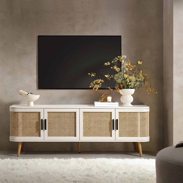 Mango Wood Rattan TV Unit – White Finish Solid Wood Console