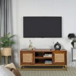 Mango Wood Cane TV Unit with Open Shelf – Honey Finish | Handcrafted Modern Media Console