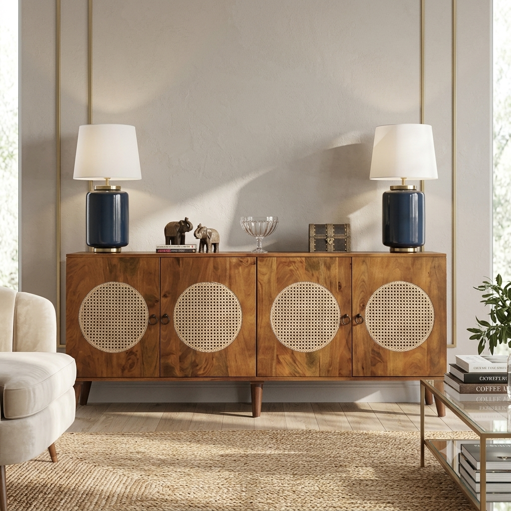 as (4) Mango Wood Cane Sideboard - Walnut Finish - Image 1