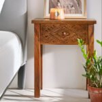 Mango Wood Hand Carved Bedside Table 1 Drawer – Natural Finish Nightstand