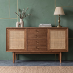 Acacia Wood Cane Sideboard - 2 Doors & 4 Drawers Walnut Finish