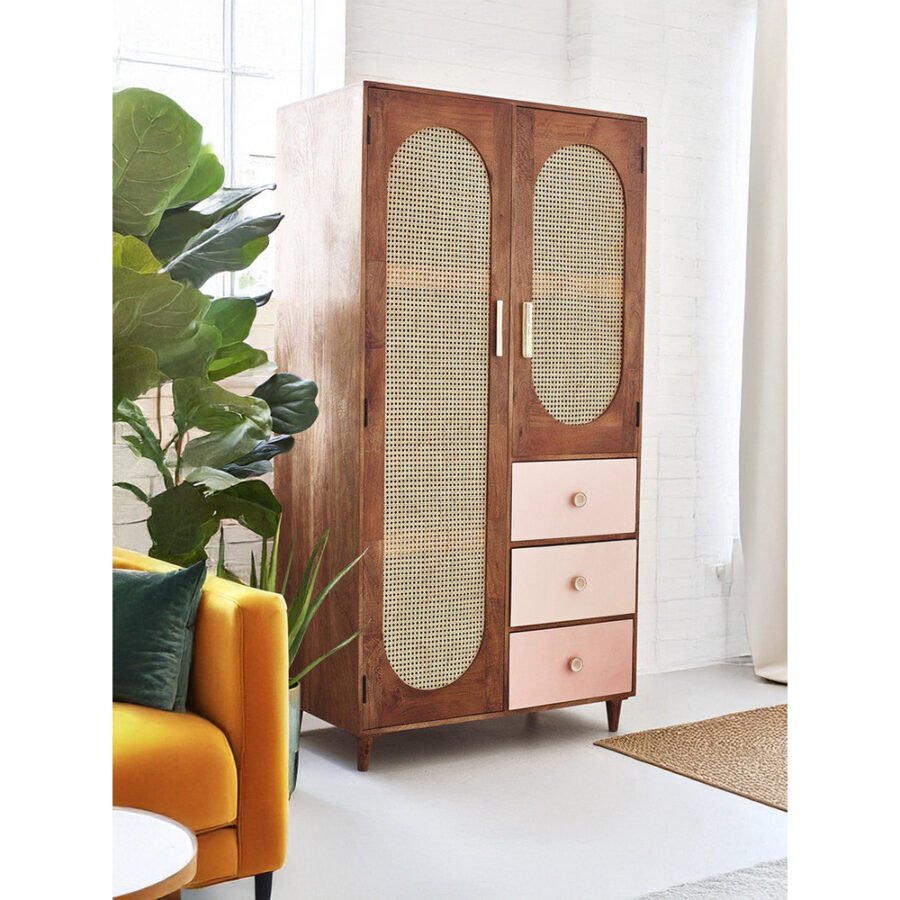 Sheesham Wood Rattan Wardrobe with 3 Drawers – Natural Finish Wooden Wardrobe