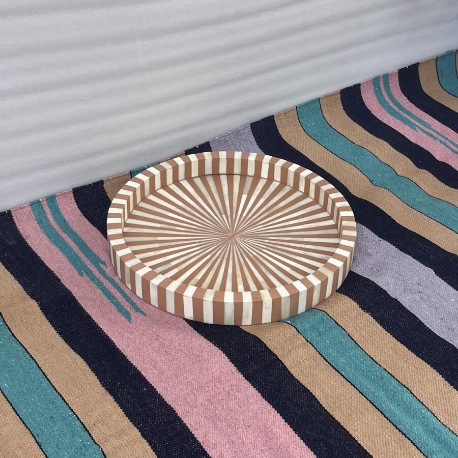 Bone Inlay Round Serving Tray – White & Brown Stripe Design Decorative Tray