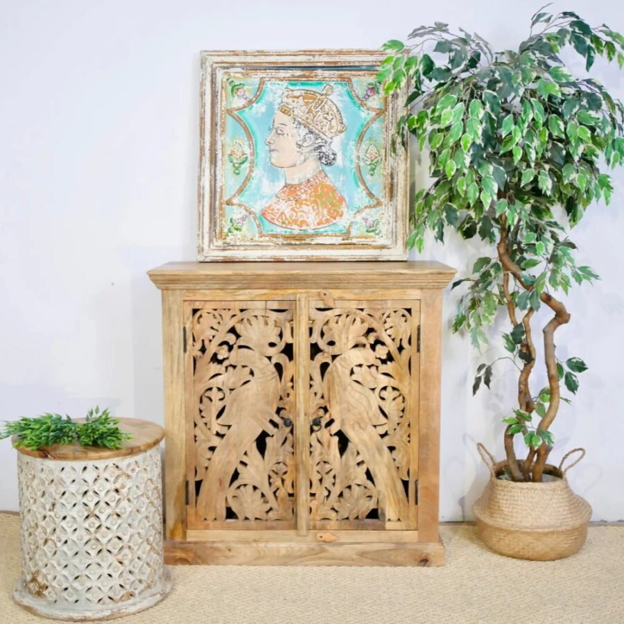 Mango Wood Hand Carved Cabinet 2 Door – Natural Finish Solid Wood Storage Cabinet