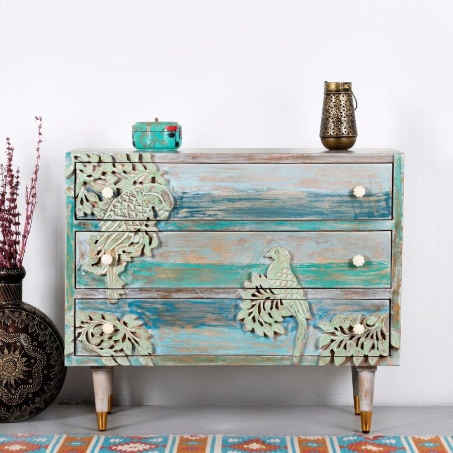 Mango Wood Rustic Hand Carved Chest of Drawers 3 Drawer Birds Design Storage Cabinet