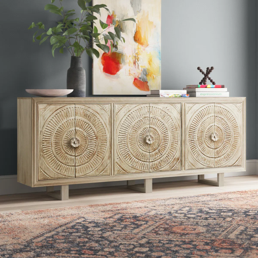 Mango Wood Hand Carved Sideboard 4 Door Sunburst Design – White Wash Finish Solid Wood Cabinet
