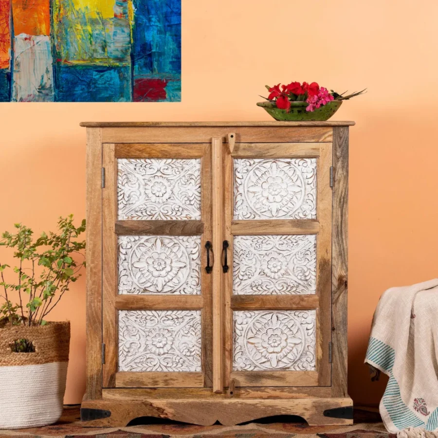 Mango Wood Hand Carved Cabinet 2 Door – Natural Finish Solid Wood Storage Cabinet