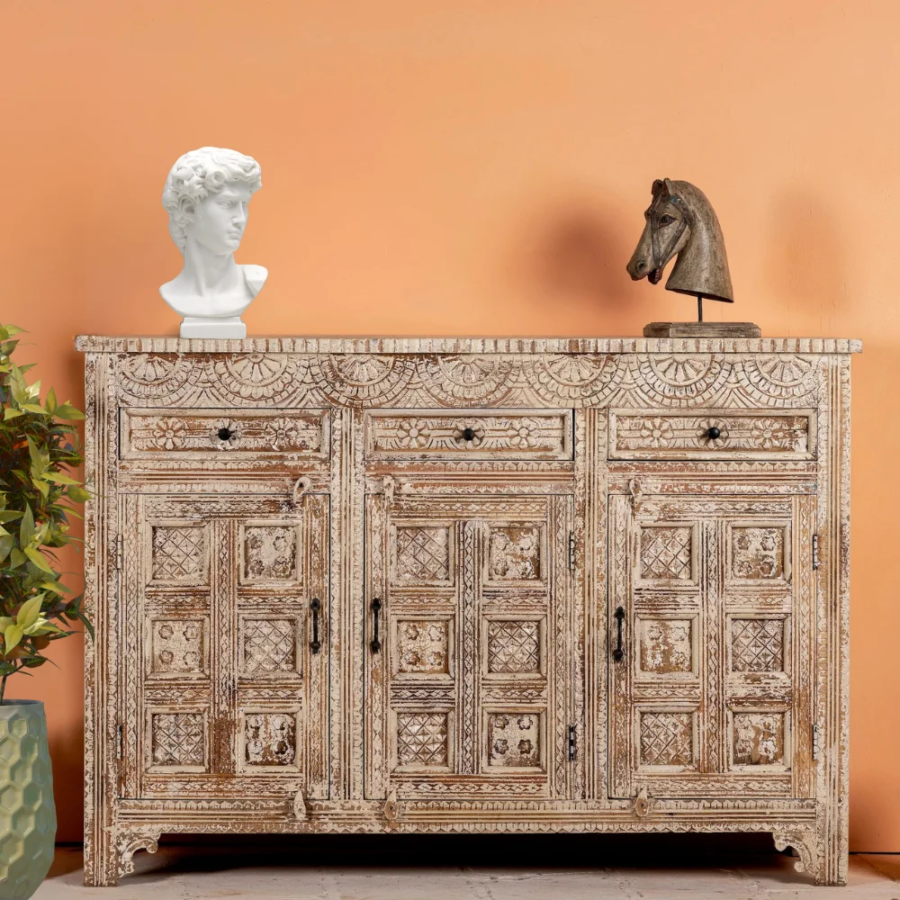 Mango Wood Hand Carved Sideboard 3 Drawers – Natural Brown Solid Wood Storage Cabinet