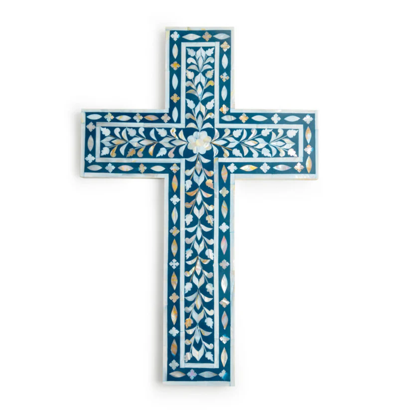 Mother of Pearl Inlay Wall Cross – Blue Floral Decorative Wall Art