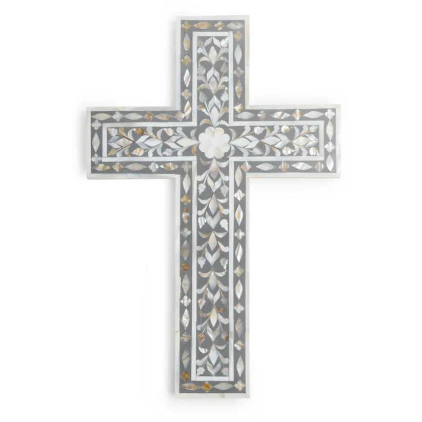 Mother of Pearl Inlay Wall Cross – Grey Floral Decorative Wall Art