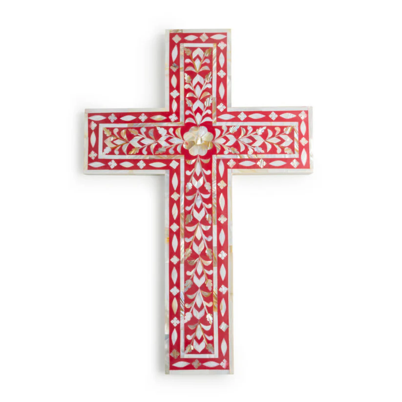 Mother of Pearl Inlay Wall Cross – Red Floral Decorative Wall Art