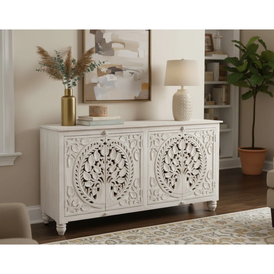 Solid Wood Hand Carved Sideboard 4 Door – Off White Finish Storage Cabinet