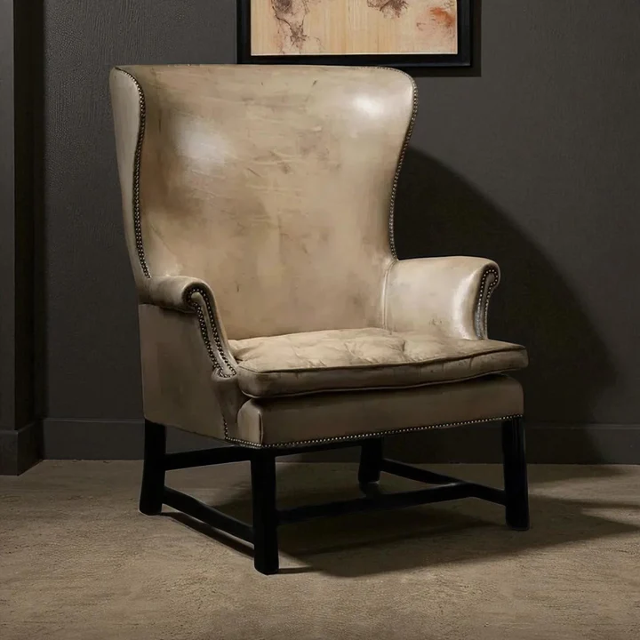 Solid Wood Leather Wingback Chair – Slate Brown Accent Chair