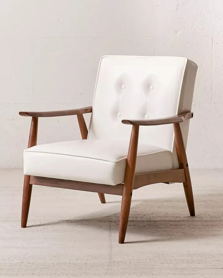 Mid Century Faux Leather Arm Chair – Walnut Wood Accent Chair