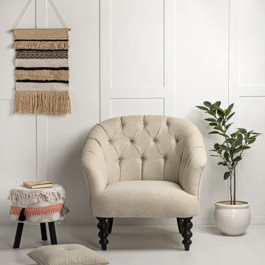 Sheesham Wood Arm Chair – Linen Fabric Upholstered Accent Chair