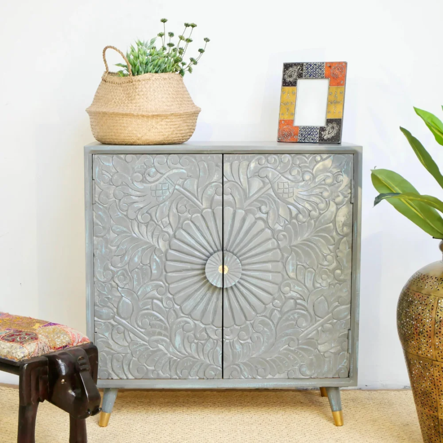 Mango Wood Hand Carved Cabinet – 2 Door Grey Finish Solid Wood Storage