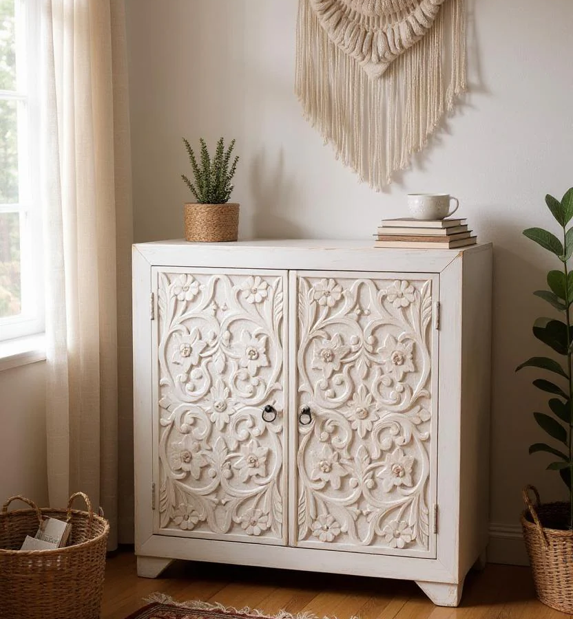 Mango Wood Hand Carved Cabinet 2 Door – Off White Finish Solid Wood Storage Cabinet