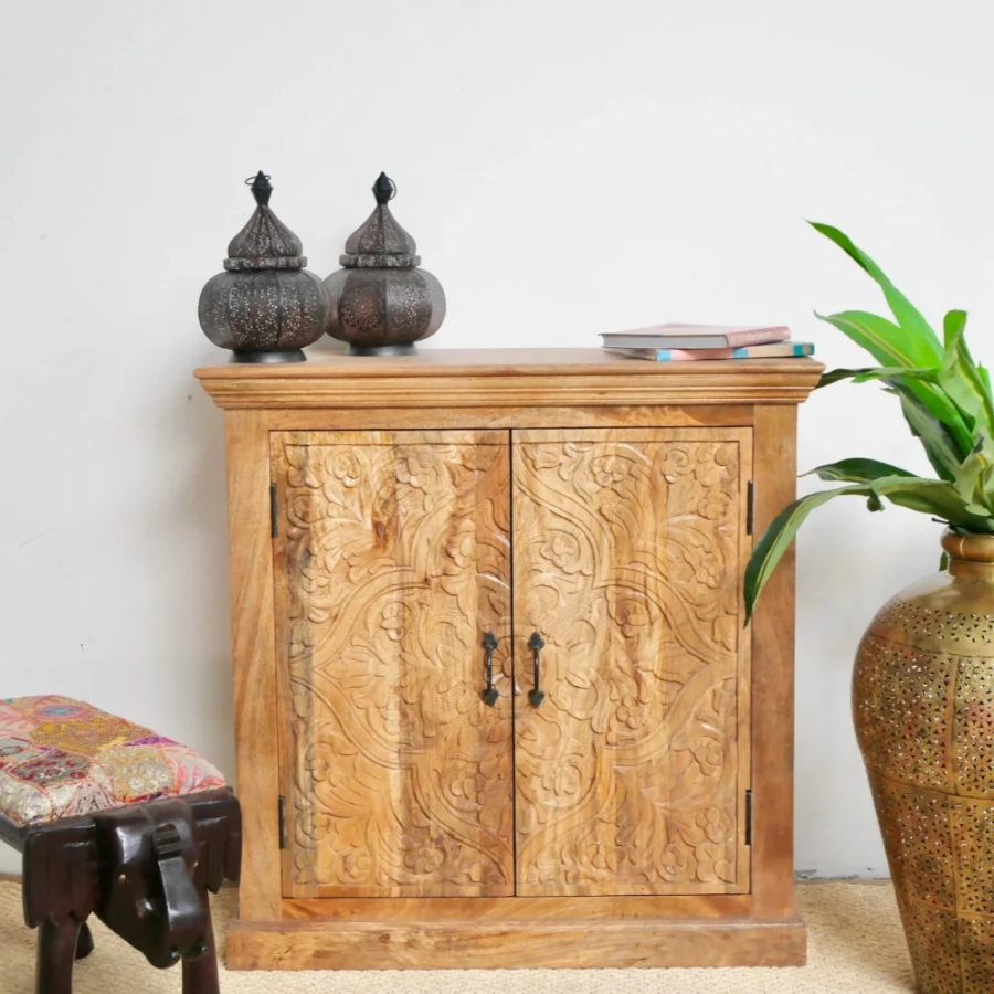 Mango Wood Hand Carved Cabinet 2 Door – Natural Finish Solid Wood Storage Cabinet