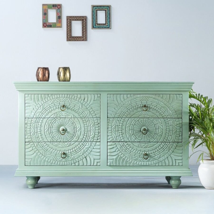 Mango Wood Hand Carved Chest of Drawers 6 Drawer Dresser Chest Teal Green Finish