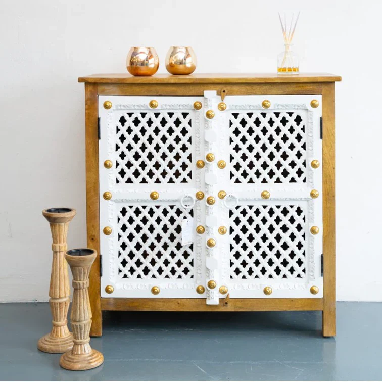 Mango Wood Hand Carved Cabinet 2 Door – White Finish with Golden Stud Detailing
