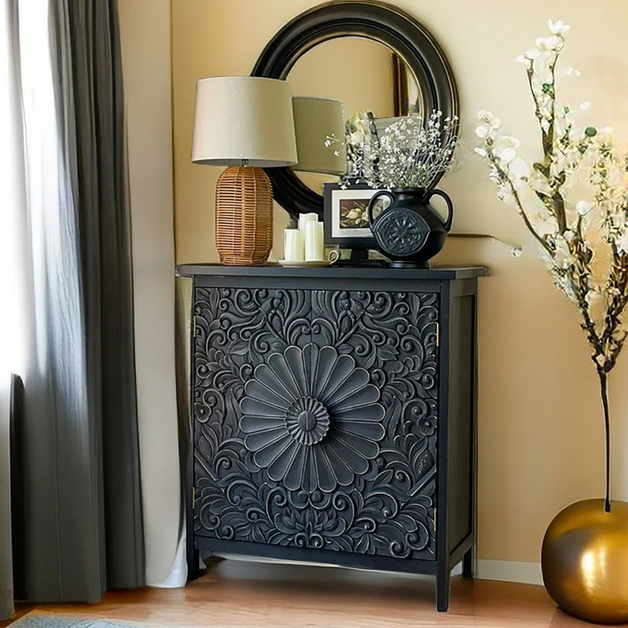 Solid Wood Hand Carved Cabinet - 2 Door Black Finish