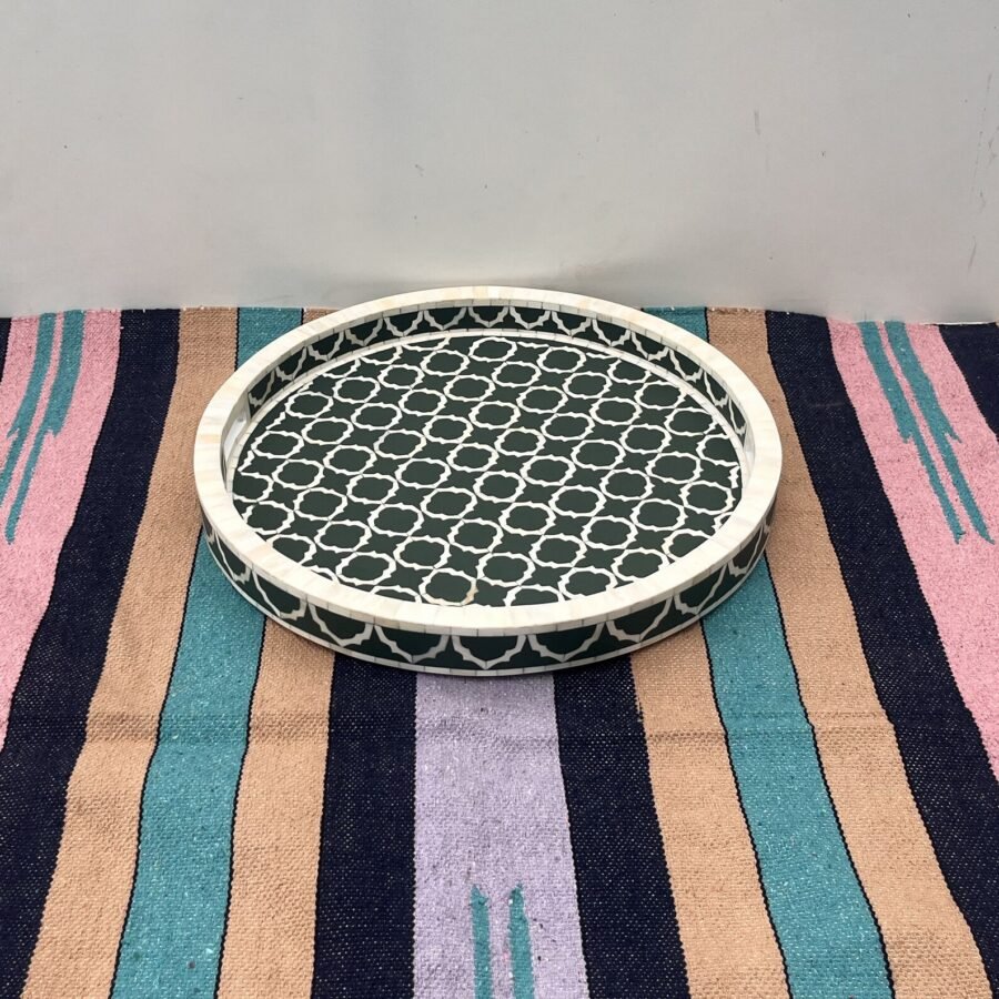 Bone Inlay Round Serving Tray – Black Honeycomb Design Decorative Tray