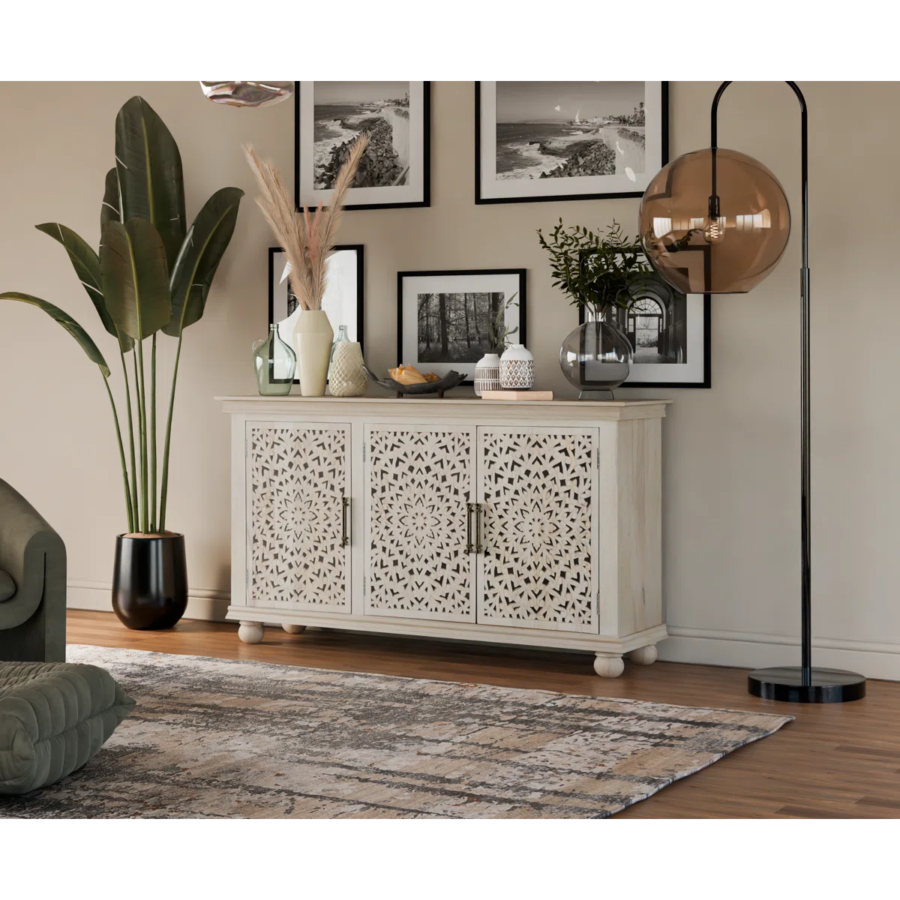 Solid Wood Hand Carved Sideboard 3 Door – Natural Finish Wooden Storage Cabinet