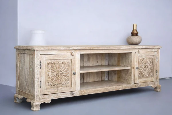 Solid Wood Hand Carved TV Unit – Natural Finish Media Cabinet Console