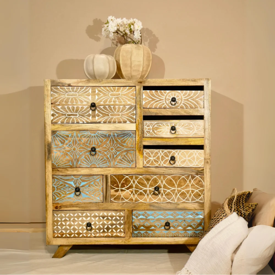 Mango Wood Hand Carved Chest of Drawers 9 Drawer Natural Finish Storage Cabinet