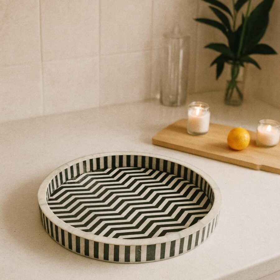 Bone Inlay Round Serving Tray – Black & White Zig Zag Design Decorative Tray
