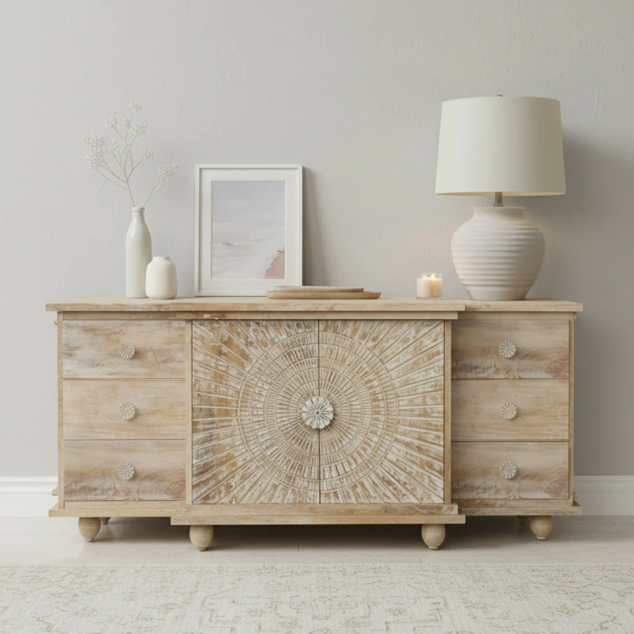 Mango Wood Hand Carved Sideboard 6 Drawers – Natural Finish Solid Wood Storage Cabinet